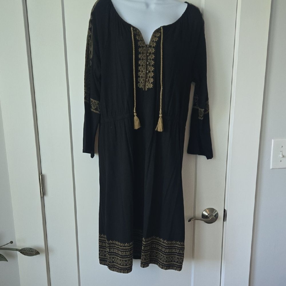 J. Jill Gold and Black Scoop Neck Bishop Sleeve Dress